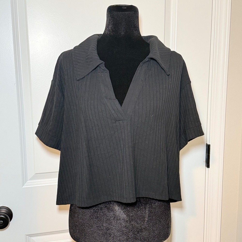 Isabel by Ingrid & Isabel Black Ribbed Polo V-Neck Top XXL